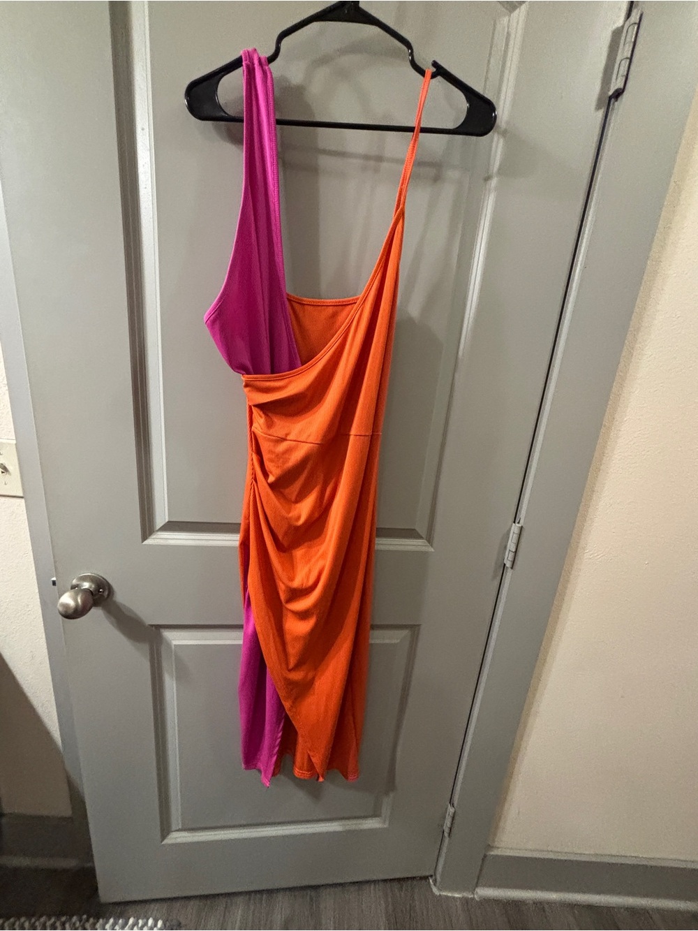 Fashion Nova Two-Tone Pink & Orange Asymmetric Slip Dress